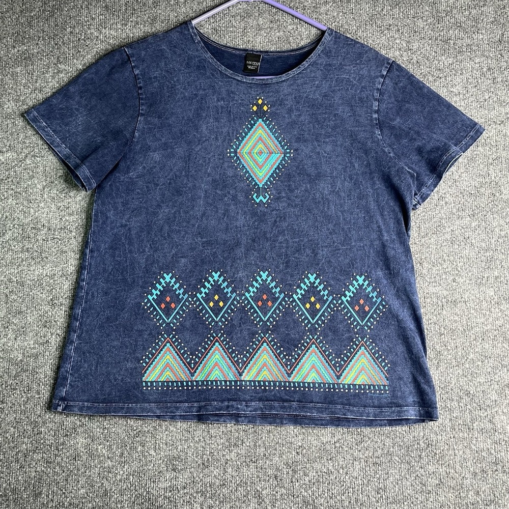 Sabaku Artwear Top M Southwestern Tribal Geometric Blue Mineral Wash Cotton Boho